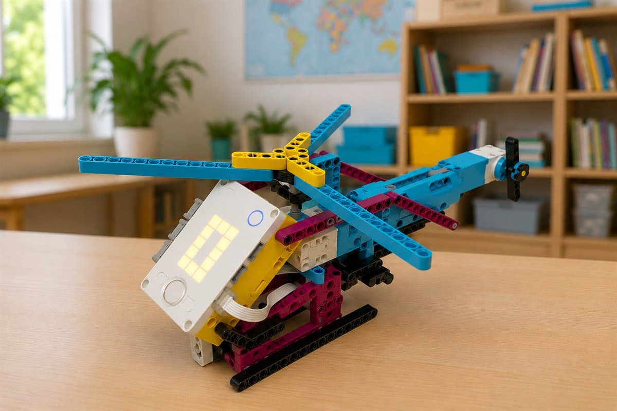 Helikopter zbudowany z klocków LEGO® Education SPIKE Prime, z wirnikiem głównym i ogonowym - jeden z modeli na kursie Robotyka LEGO® Junior