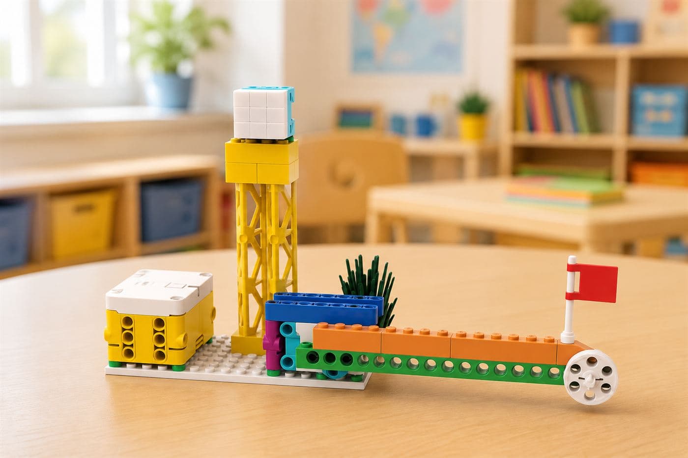 Model sygnalizacji świetlnej i szlabanu zbudowany z klocków LEGO® Education SPIKE Essential na zajęciach Programico