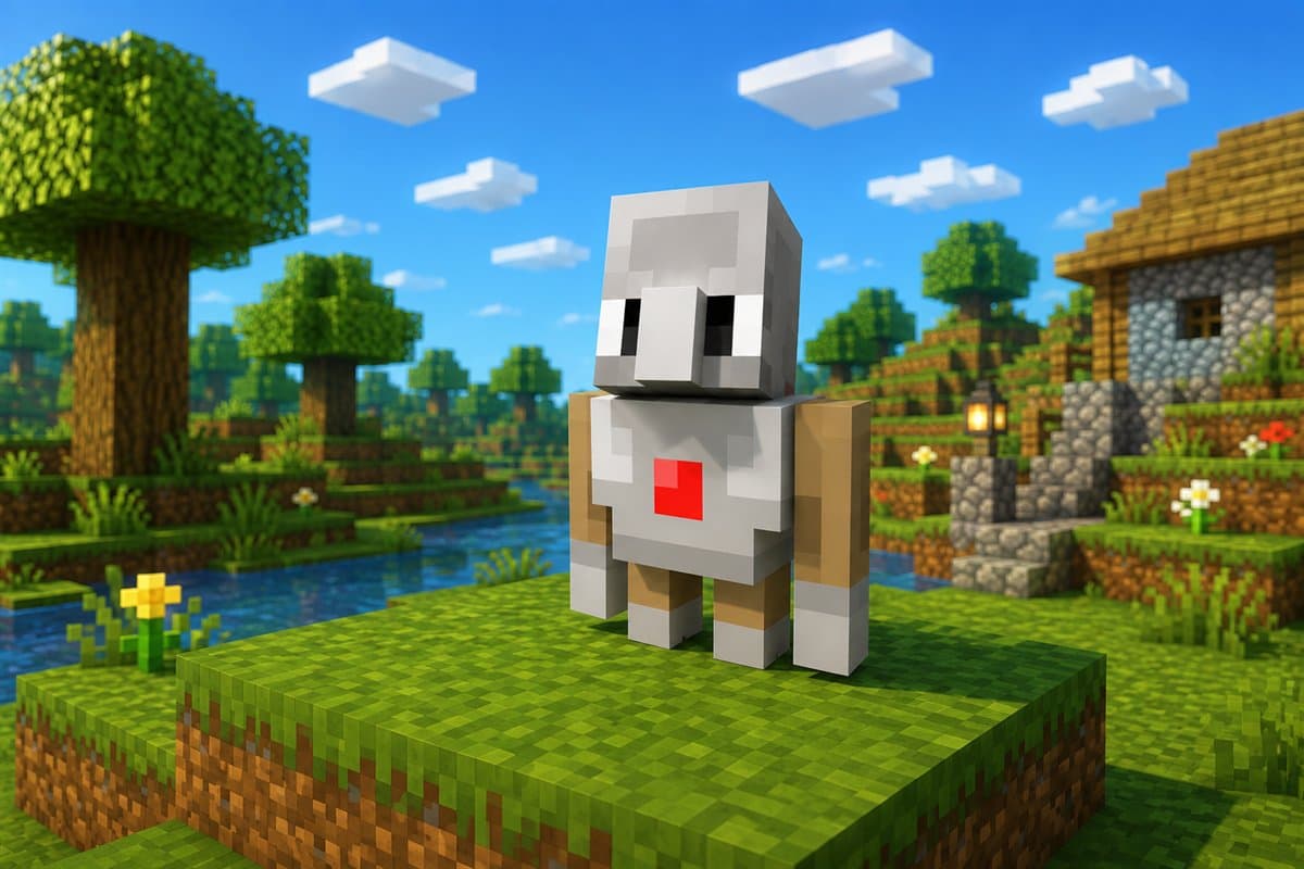 Agent AI - klockowy robot z Minecraft Education, stojący w blokowym świecie gry